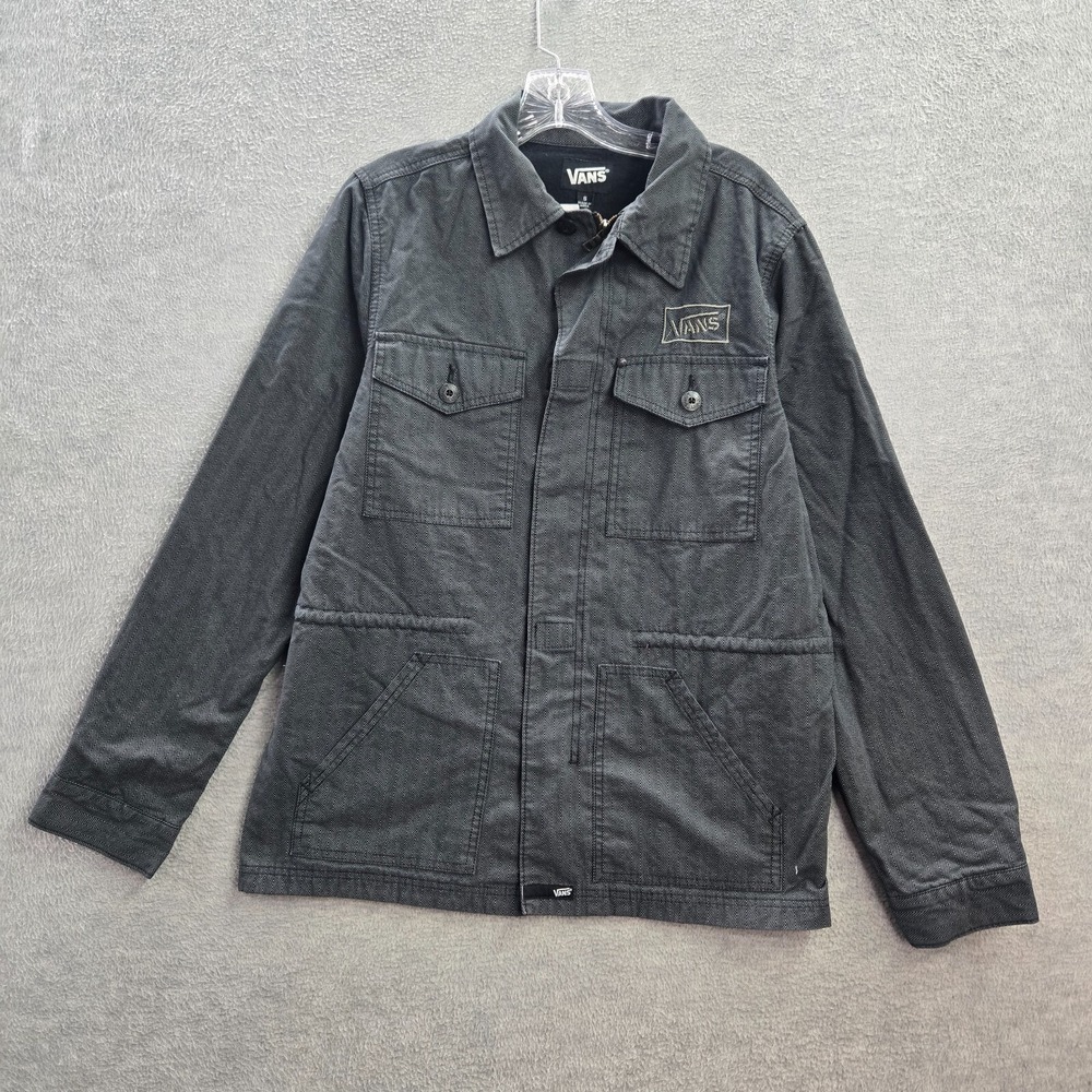 Vans Men Jacket Small Gray Herringbone Drill‎ Chore Logo Full Zip Grunge Skater